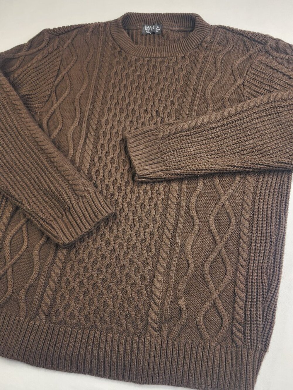 BoohooMAN Men's XL Brown Knit Pattern Pullover Sweater Long Short Sleeve Soft